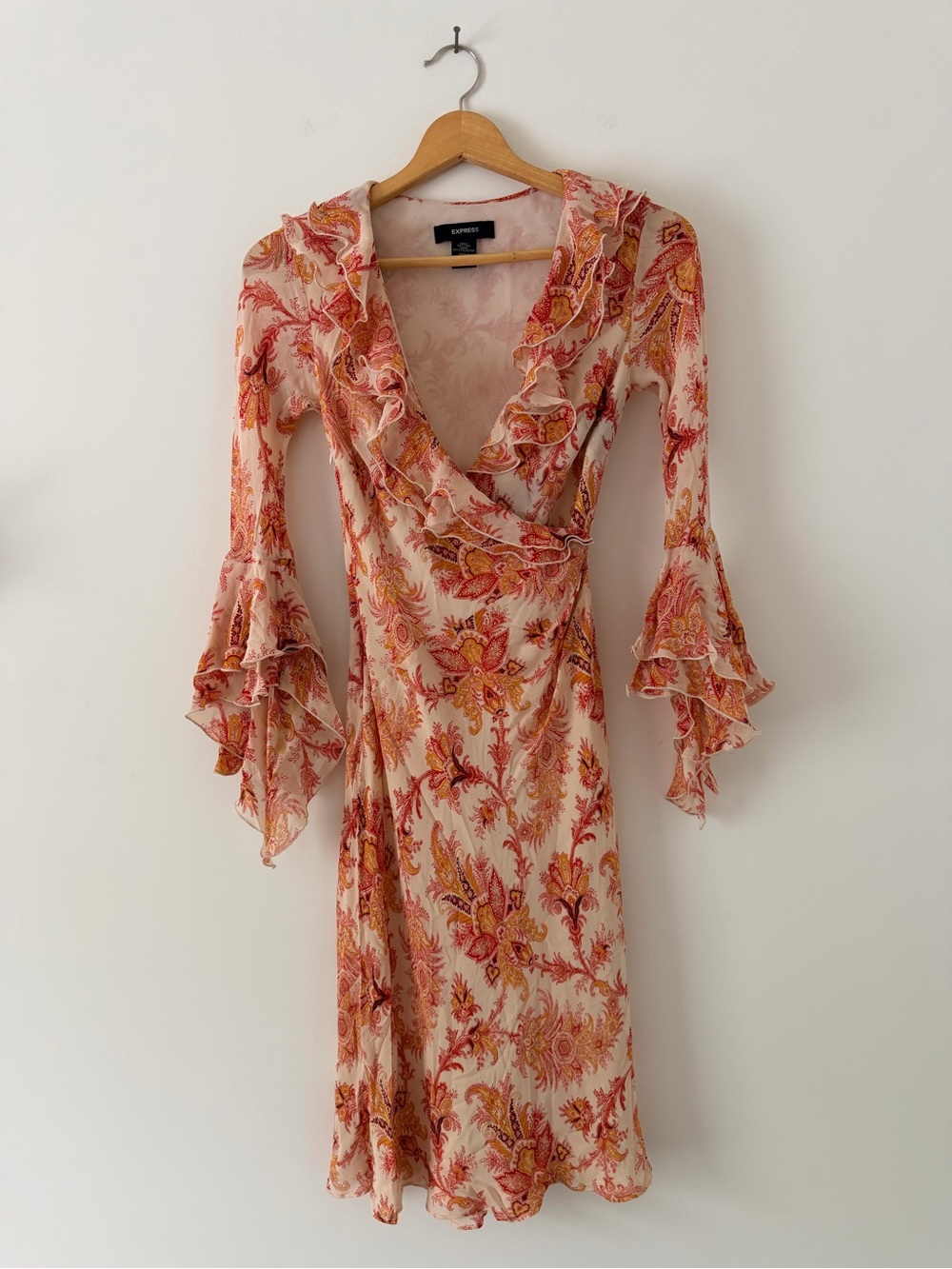 Y2k Vintage Express Silk Orange Floral Wrap Dress with Ruffle Sleeves